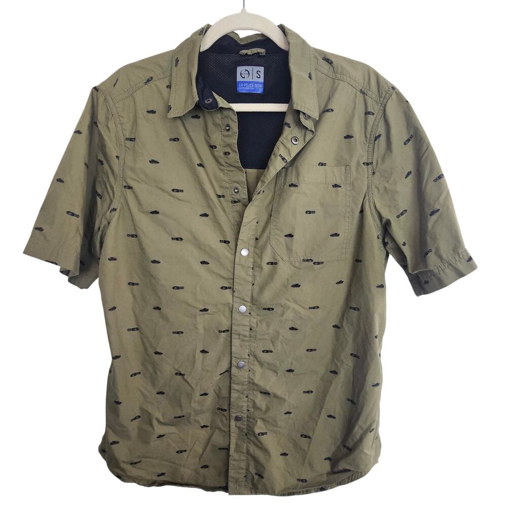 LA Police Gear Mens Bombs Away All Over Print Shirt Sz S Snap Up Utility Casual